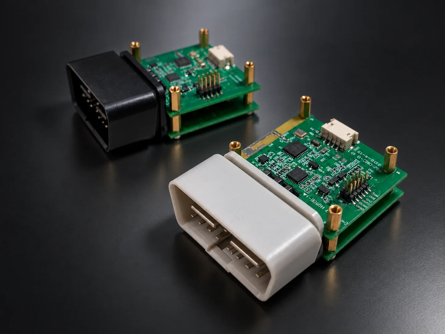 OBD-II diagnostic adapter PCBs with connector and white enclosure